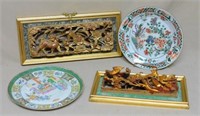 Chinese Giltwood Panels and Antique Plates.
