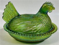 DESIRABLE GREEN CARNIVAL GLASS BUTTER HEN