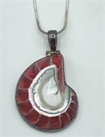 STERLING SILVER Red Coral Shell Pendant Necklace