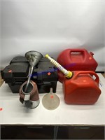 Battery boxes, fuel cans, funnels, and oil