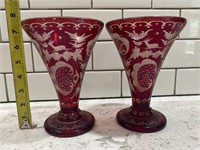 Vintage Crystal Ruby Red Cut to Clear Vases