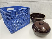 VTG Brown Glaze Pottery Bowl & Bean Pot w Crate