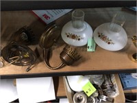 2 wall lights w glass covers, 1 cracked at top