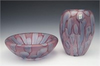 Lot of 2 Painted Satin Glass Pcs.- Vase & Bowl.