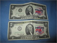 2pc 1976 US $2 Bills - 1976 Interphil Stamps