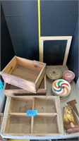 Wood crates, tins , windmill blades , chalk board