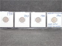 Lot of 4 Mercury Dimes: 1940, 1943, 1944, & 1945