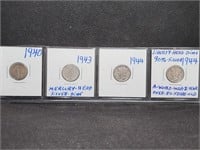 Lot of 4 Mercury Dimes: 1940, 1943, & 2- 1944