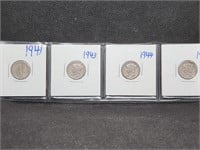 Lot of 4 Mercury Dimes: 1941, 1943, & 2- 1944