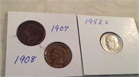1952 s silver dime and 1907 and 1908 Indian head