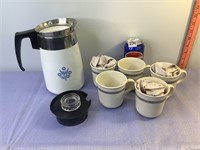 Corning Coffee Cups & Blue Cornflower Pot