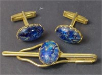 Faux Opal Gold Tone Tie Bar and Cufflinks