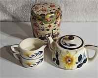 Tin, tea pot creamer and sugar bowl