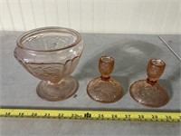 2 candle holders & candy dish, no lid, pink