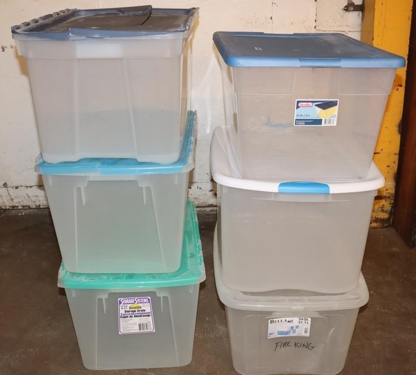 6 Plastic Totes w/ Lids: 3)15 Gallon, 1)54 Qt,