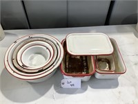 8 Piece Red Rimmed Enamelware Set