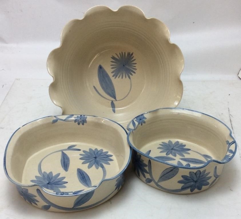 3 FLUTED NC POTTERY BOWLS W/ BLUE FLOWERS