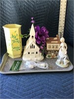 Vintage Ceramics Tray Lot Vase Figurine Christmas