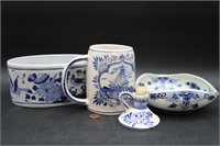 4Pcs. Delft Blue Porcelain Mug, Bowl, Candlestick+
