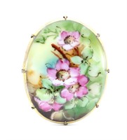 Antique Hand Painted Floral Brass Brooch