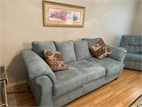 Pillow Back Sofa 7’ long Blue, matches next lot