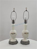 Pair Porcelain Rose Table Lamps w Filagree Base