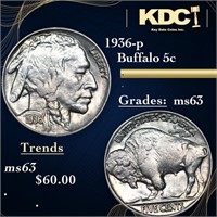 1936-p Buffalo Nickel 5c Grades Select Unc