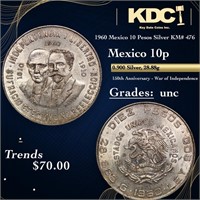 1960 Mexico 10 Pesos Silver KM# 476 Grades Brillia