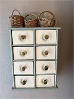 Teal/white hanging spice rack. 10x17”