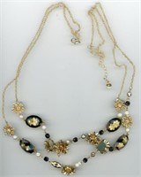 Cameo Flowers & Beads Necklace 24”