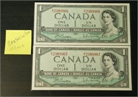 Lot of 2 Consecutive 1954 Bank of Canada $1 Bank N