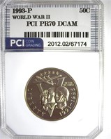 1993-P WW2 50c PR70 DCAM LISTS $110