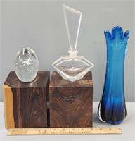Cut Glass; Art Glass & Carved Burl Wood Lot