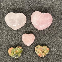 5 Heart Stones - Pink Quartz and Unakite