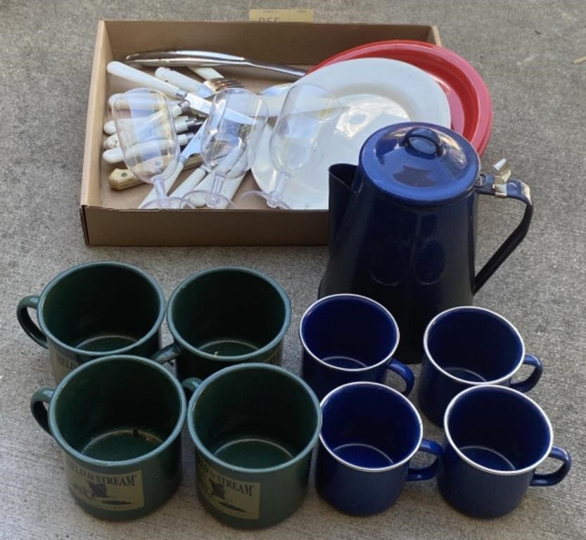 Enamel Coffee Pot and Cup Set, Field and Stream