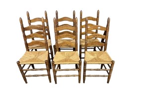 6 Oak Ladder Back Chairs with Woven Rush S