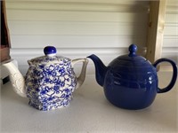Two Ceramic Teapots Floral Blue