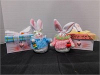 set of 2 ceramic bunnies blue & pink sweaters