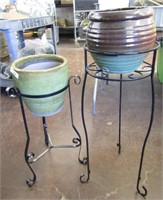 2 Plant Stands With Pots & Yard Deco