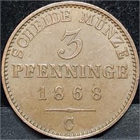 1868 C Prussia 4 Pfenninge Copper Coin High Grade