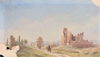 Signed TR Watercolor Landscape With Ruins