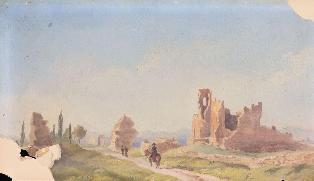 Signed TR Watercolor Landscape With Ruins