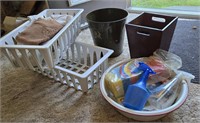 Large Lot Of BIns, Cleaning Supplies, Basin