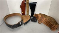 6 LEATHER GUN HOLSTERS AND TOOLED BELTS