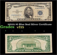 1953A $5 Blue Seal Silver Certificate Grades vf+