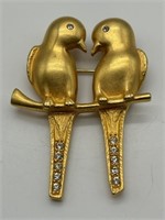 Vintage Jeweled Gold Tone Love Birds Pin