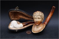 2 1900s Ornately Carved Meerschaum Tobacco Pipes