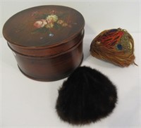 Hand Painted Wood Hat Box with (2) Vintage Hats.