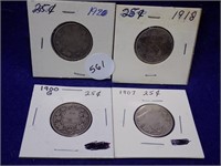 4 Canadian Quarters-1900,1907,1918 &1920