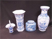 Four pieces blue and white china, all decorated